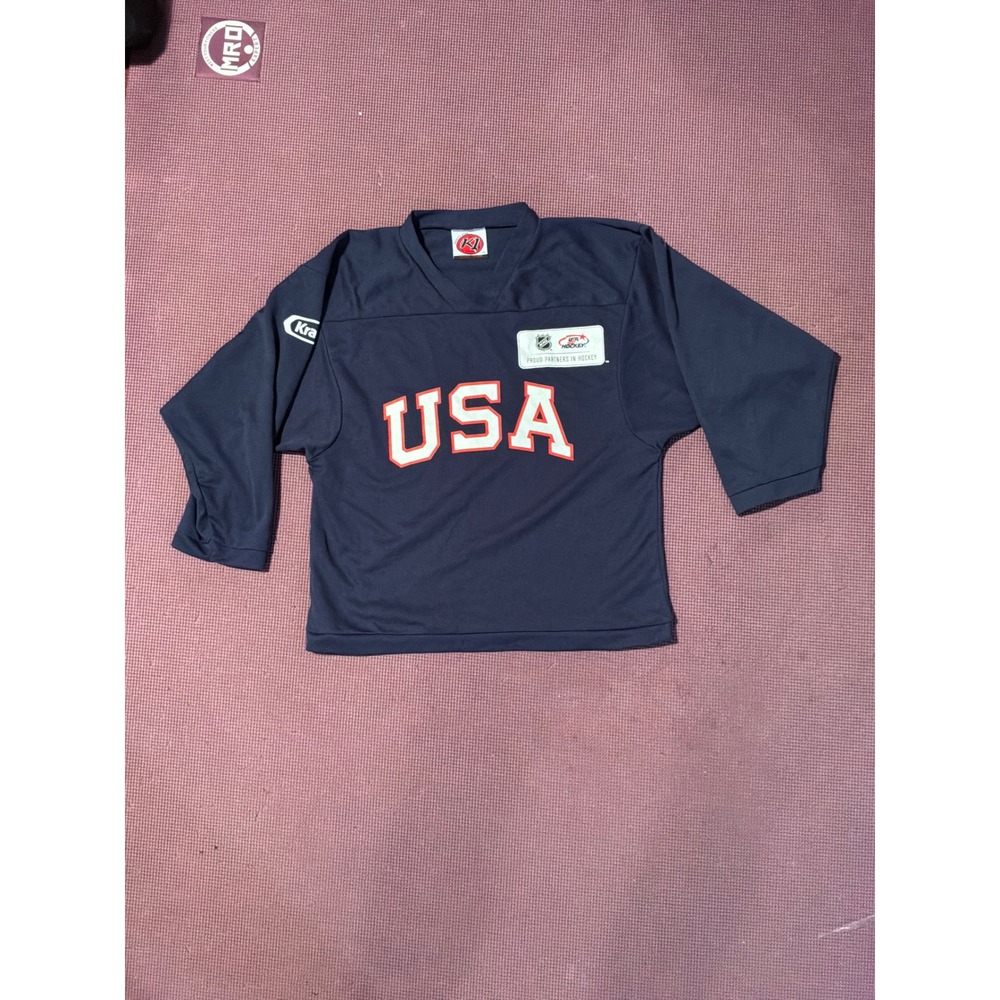 K1 Sportswear USA Hockey Jersey Youth Large Navy Blue Kraft NHL Partner V-Neck